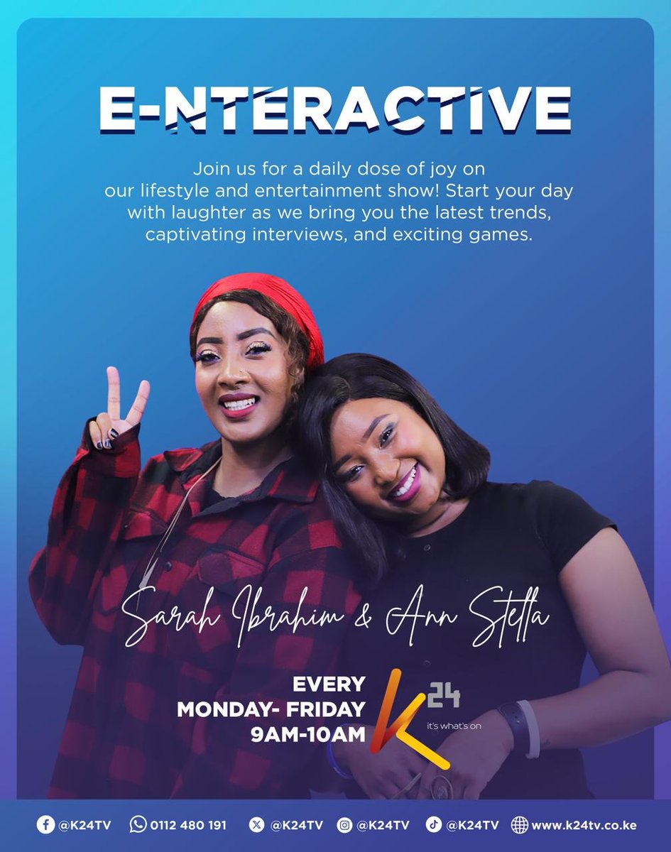 K24Tv's tweet photo. Tune in at the top of the hour for Enteractive and catch @sarahibrahim254
 &amp; @annstellah as they discuss the latest trending stories. Let us know where you're watching from! #Enteractive https://t.co/36tqjCt6yi