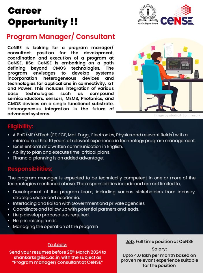CeNSEatIISc (@censeatiisc) on Twitter photo #careeropportunity at CeNSE
<a href="/CeNSEatIISc/">CeNSEatIISc</a>, <a href="/iiscbangalore/">IISc Bangalore</a> is looking for a #programmanager /#consultant position for the development, coordination and execution of a program at CeNSE, IISc.
If interested and eligible send CV to shankarks@iisc.ac.in before 25-03-24. #careeropportunity at CeNSE
<a href="/CeNSEatIISc/">CeNSEatIISc</a>, <a href="/iiscbangalore/">IISc Bangalore</a> is looking for a #programmanager /#consultant position for the development, coordination and execution of a program at CeNSE, IISc.
If interested and eligible send CV to shankarks@iisc.ac.in before 25-03-24.
