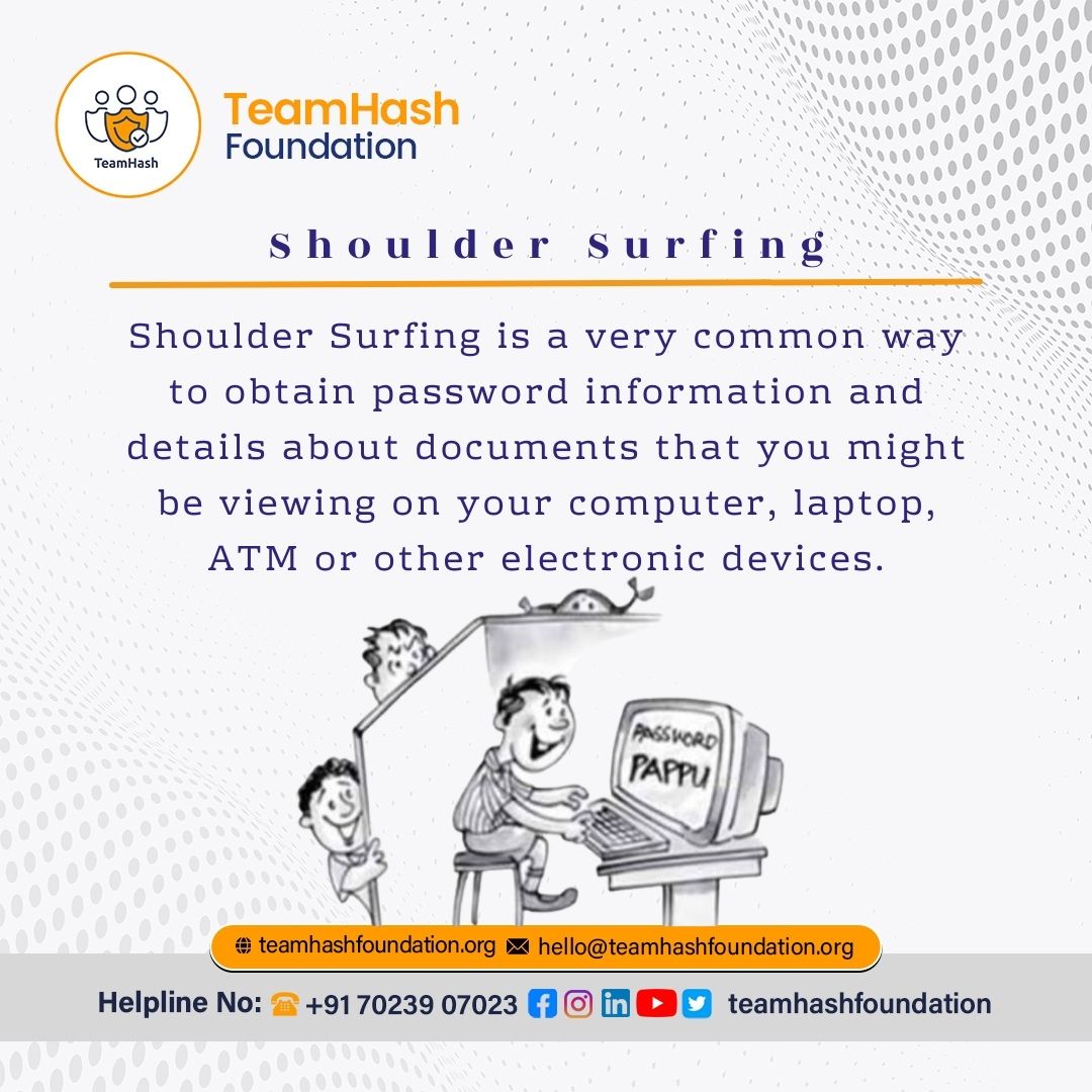 Shoulder Surfing.... Shoulder Surfing is a very common way to obtain password information and details about documents that you might be viewing on your computer, laptop, ATM or other electronic devices..... #cybercrime #cybercrimes #cyberdost #cyberdosti4c #cybercrimeindia