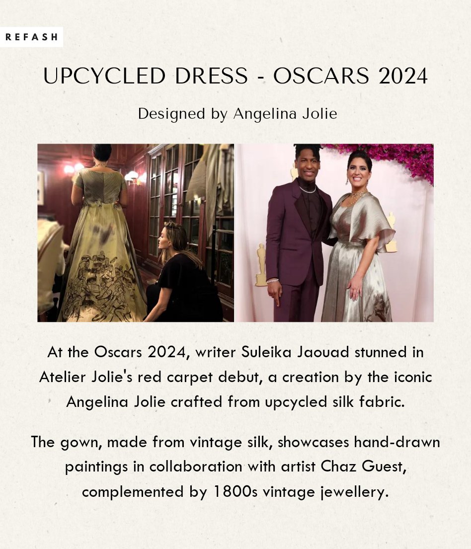 REFASH_'s tweet photo. Upcycling News Alert!

✨ Stunning moment at #Oscars as writer Suleika Jaouad graces the red carpet in Atelier Jolie's debut upcycled gown, crafted by the iconic Angelina Jolie.♻️

#refash #upcycling  #newsflashwithrefash #oscars2024

Read more:
https://t.co/qWImxfLDYk https://t.co/QYQSXNJvOL