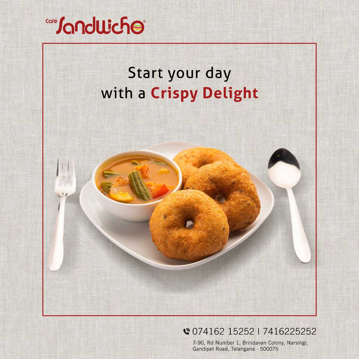 CafeSandwicho's tweet photo. Kickstart your day with our crispy South Indian VADA at Café Sandwicho! Perfectly fried to golden perfection, it's the ultimate breakfast delight.
#breakfasttime🍴 #HealthyBreakfast #BrunchGoals #YummyStart #sandwicho #southindianfood #gandipet #Hyderabad https://t.co/znWVGEYmEe