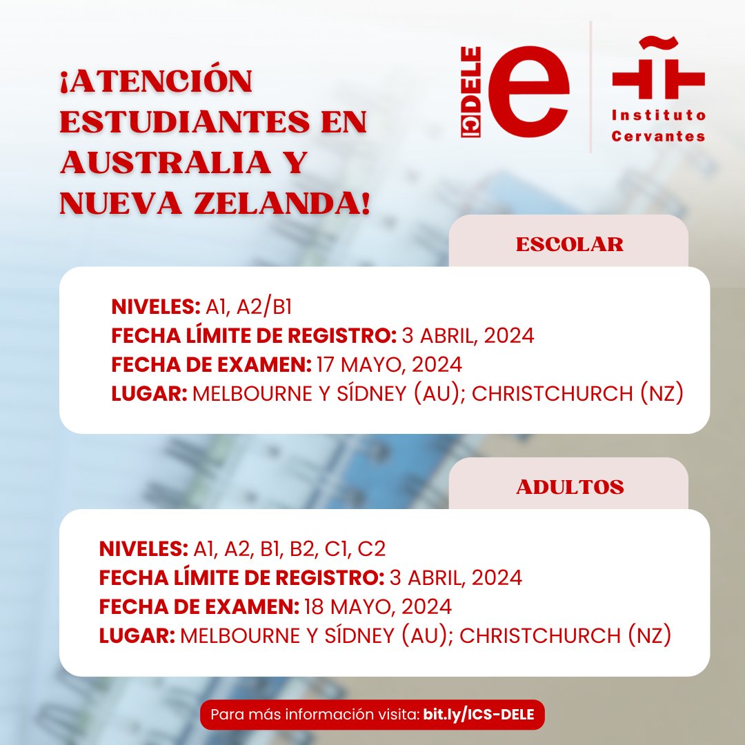 ¡Se acerca la fecha límite para inscribirse en el examen DELE! 🌟 Regístro: bit.ly/ICS-DELE #DELE #CompetenciaEnEspañol #NuevaZelanda #Australia