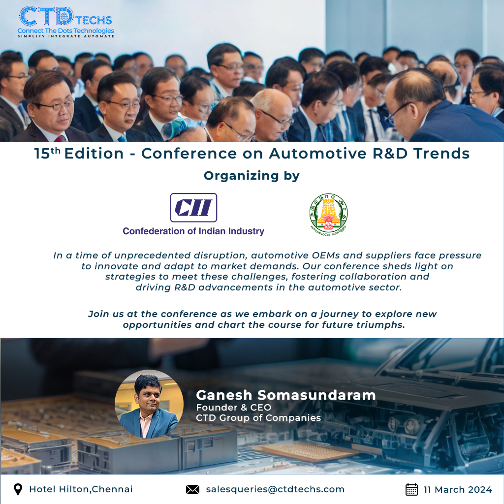 Thrilled to be part of the 15th Edition Conference on Automotive R&D Trends organized by CII's Tamil Nadu Technology Development & Promotion Centre. See you there! 

#AutomotiveRDTrends #CIIConference #TechInnovation #ChennaiEvents