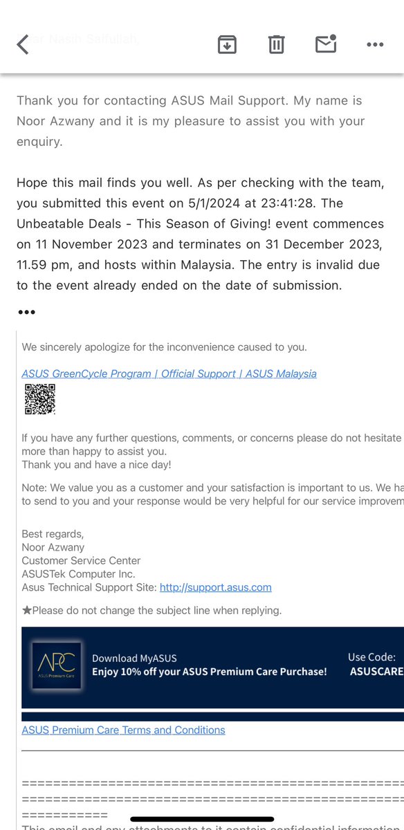 naaasih's tweet photo. Mula2 suruh tunggu 2 minggu, lepas tu tunggu sebulan. Lepas tu update “oh nnt kami minta expedite delivery” dua kali, then kali ni cakap aku submit beyond redemption period. Palatao tak reti beza purchase/redemption period. Asus taik. https://t.co/sCUmEErXT9