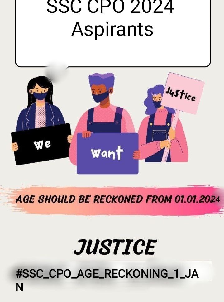 #SSC_CPO_AGE_RECKONING_1_JAN
#cpo2024_age_relaxation
SSC लाखो स्टूडेंट्स के जीवन के साथ मजाक कर रही है। जहां एक तरफ माननीय PM श्री नरेंद्र मोदी युवा शक्ति की बात करते है,वही दूसरे तरफ युवाओं के साथ ऐसा गंदा मजाक किया जा रहा है।
Change age date of SSC CPO from 1/8/2024 to 1/1/2024
