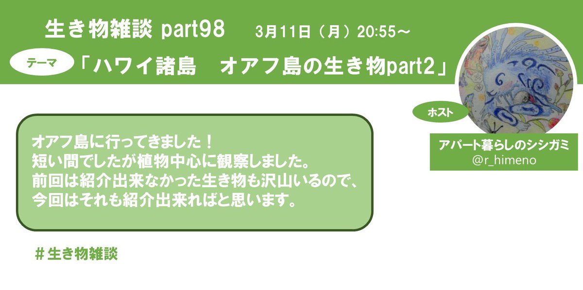 ikimonozatsudan's tweet photo. #生き物雑談 Part98 3/12 20:55〜
テーマ「ハワイ諸島　オアフ島の生き物part2」
ホスト,アパート暮らしのシシガミ@r_himeno

オアフ島に行ってきました！
短い間でしたが植物中心に観察しました。
前回は紹介出来なかった生き物も沢山いるので、今回はそれも紹介出来ればと思います。 https://t.co/ZqlApaFH7H