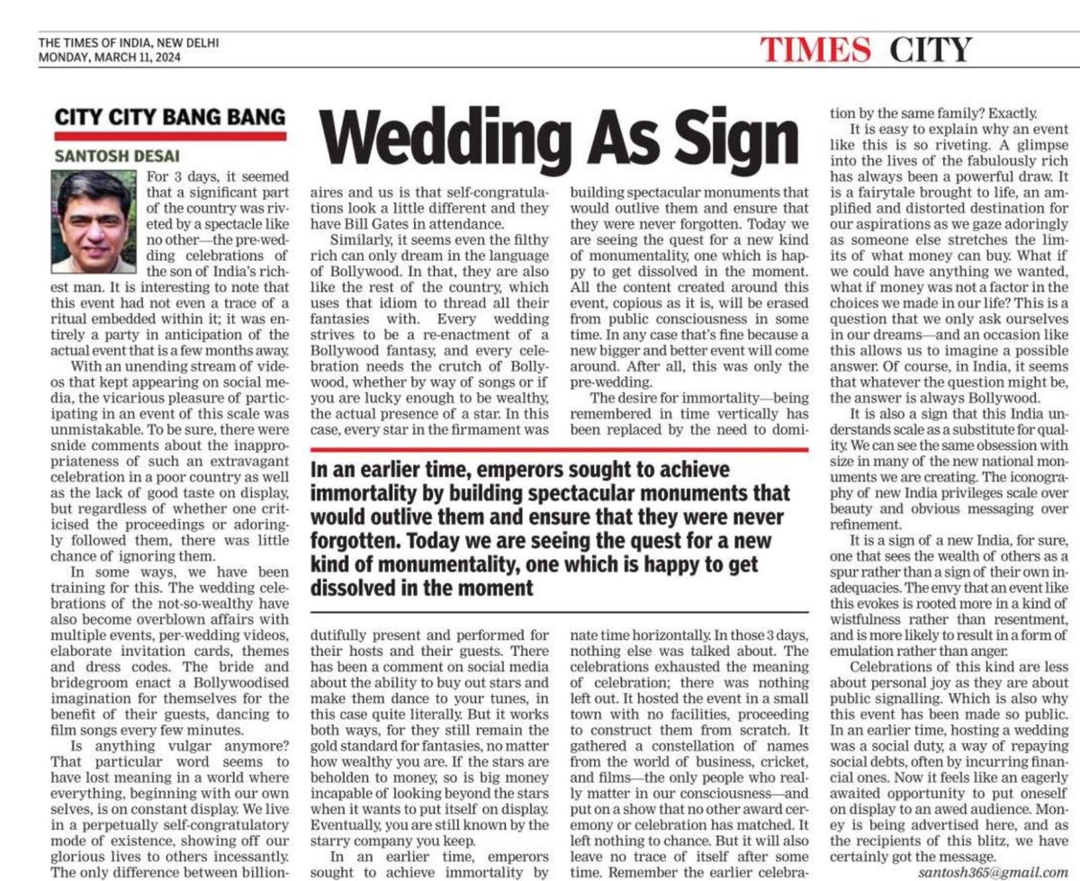 What the mega-wedding says about us. Today in the TOI