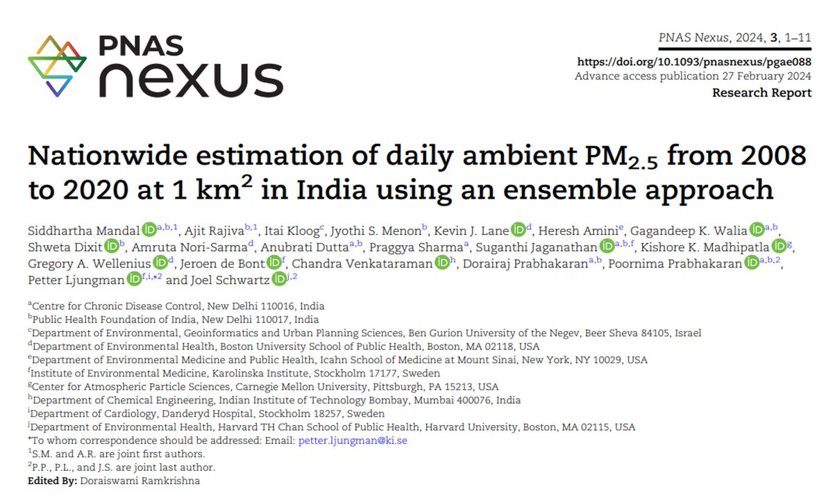 🆕paper @PNASNexus highlights the unique model developed by our team @CHART_TSB,@TSB_Ashoka, @AshokaUniv & collaborators to study PM2.5 at a very fine spatiotemporal resolution 🔗This resource allows us to study the #health effects of PM2.5 across #India academic.oup.com/pnasnexus/arti…