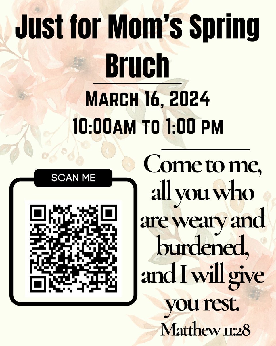 wgbcdallastx's tweet image. Come to the Just for Mom's Brunch, all you who are weary from the beautiful chaos of motherhood, and find rest for your soul. A day of connection, rejuvenation, and the promise of His grace. 🌸💖 #JustForMoms #Matthew1128 #RestForTheWeary