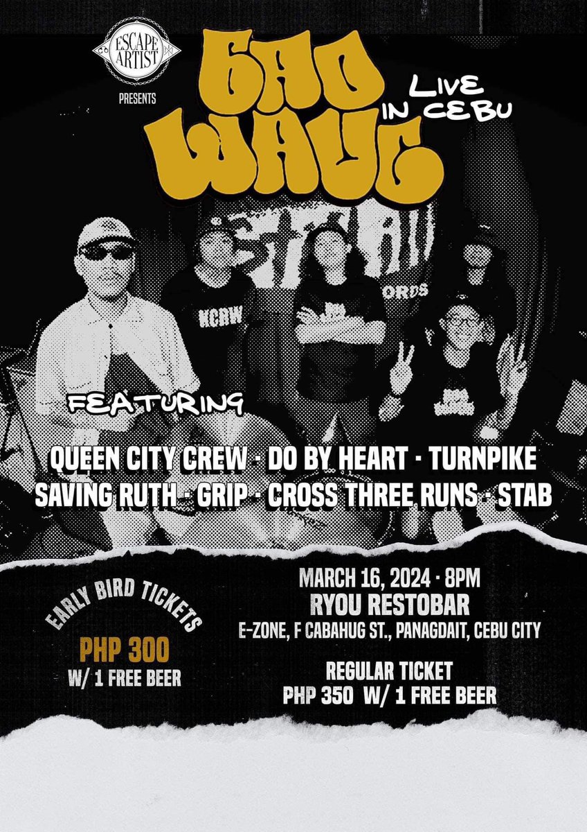 Badwave Live in Cebu💃🏻

Tickets On Sale 
Early Bird 300 w/ 1 Free Beer

Ticket Outlets 
Loudhouse CEB, PH
WWORKSHOP.STUDIO
Living Canvas Collective

Payments Online message us for details.