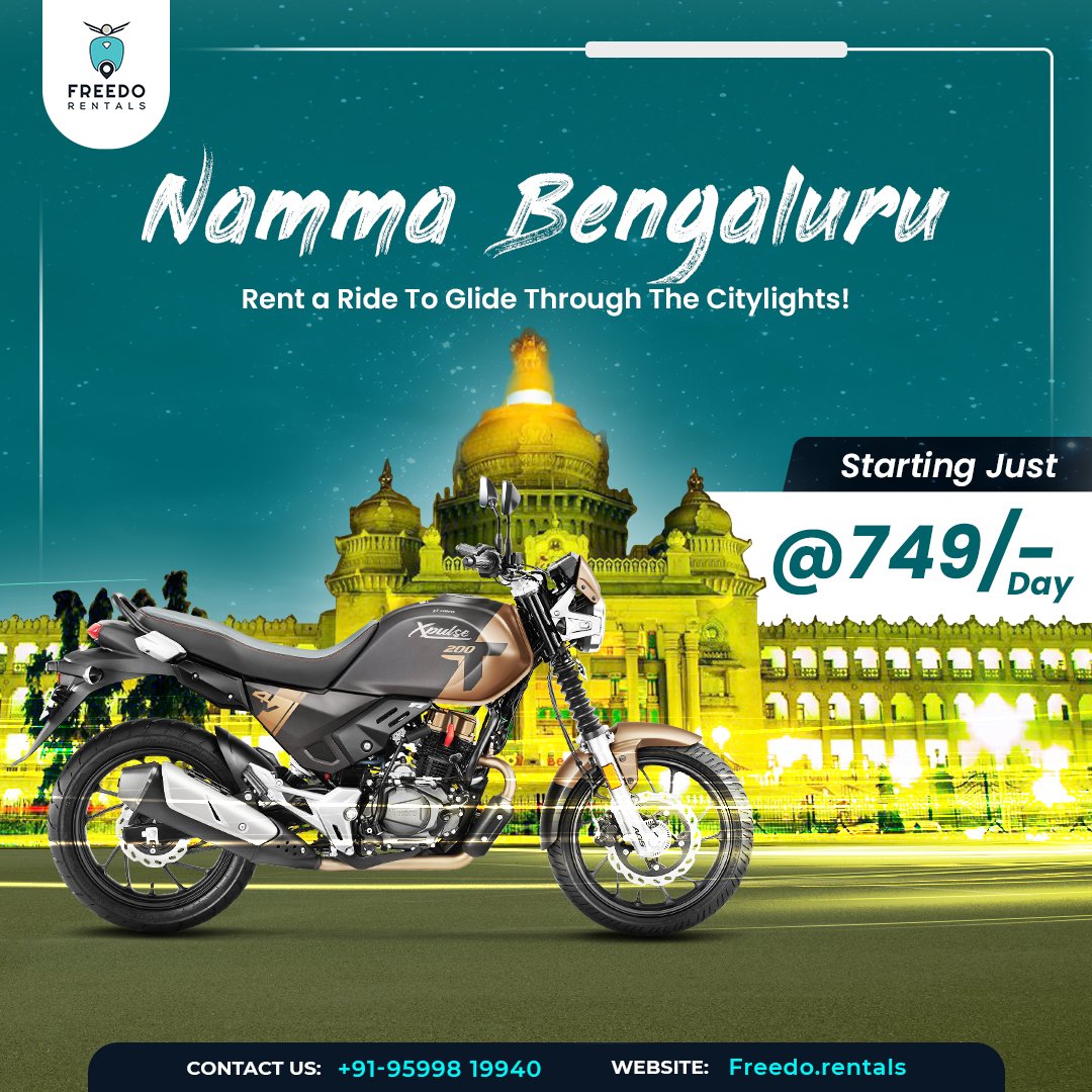 With 𝐅𝐫𝐞𝐞𝐝𝐨 𝐑𝐞𝐧𝐭𝐚𝐥𝐬, glide effortlessly through the Bengaluru city lights.
Rent two wheelers in Bengaluru, starting just  @ ₹ 𝟐𝟗𝟗/- per day!

#freedorentals #freedorides #bengalurucity #freedomtoexplore #bikerental #bikerides #cityride #ridelocal #dailycommute