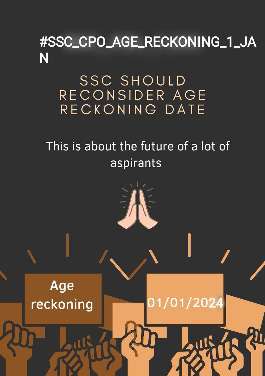 #SSC_CPO_AGE_RECKONING_1_JAN
#cpo2024_age_relaxation
<a href="/ssc_official__/">Staff Selection Commission Of India</a>
<a href="/DoPTGoI/">DoPT</a>
<a href="/AmitShah/">Amit Shah</a> <a href="/BJP4India/">BJP</a> <a href="/EduMinOfIndia/">Ministry of Education</a> 

Age should be counted from 1-1-2024 in ssc cpo 2024 notification 
<a href="/kmrvivek14/">VIVEK KUMAR</a>
 <a href="/abhinaymaths/">Abhinay Maths</a>
 <a href="/adityaranjan108/">Aditya Ranjan 🇮🇳</a>
 pls help us in this campaign 🙏🏻🙏🏻