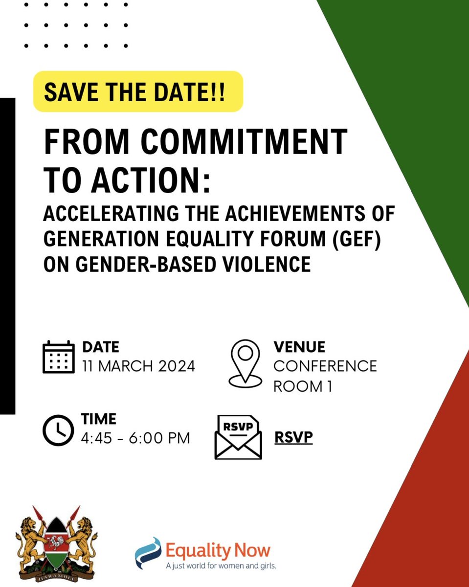 gender_ke's tweet photo. Join the State Department team at the 68th session of the Commission on the Status of Women (#CSW68) in New York today from 4:45PM to 6:00PM New York time (11:45PM in Kenya) as they host their first side event in partnership with @equalitynow. Kenya will be showcasing the milestones made under the 12 GEF commitments made in 2021 that are geared towards ending Gender Based Violence and other harmful practices by 2026.

The event will be hosted by @CSAishaJumwa

The panelists will also include our Principal Secretary @PSAnneWangombe_.