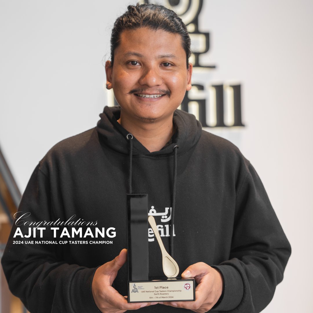 refillroastery's tweet photo. Celebrate with us as Ajit Tamang, our AST at Refill Roastery, secures victory in the UAE National Cup Tasters Competition! 🏆☕️ #ChampionBrewer #RefillRoastery #UAEBaristaChampion2024 #UAEBaristaChampion https://t.co/3iAetgpnmh