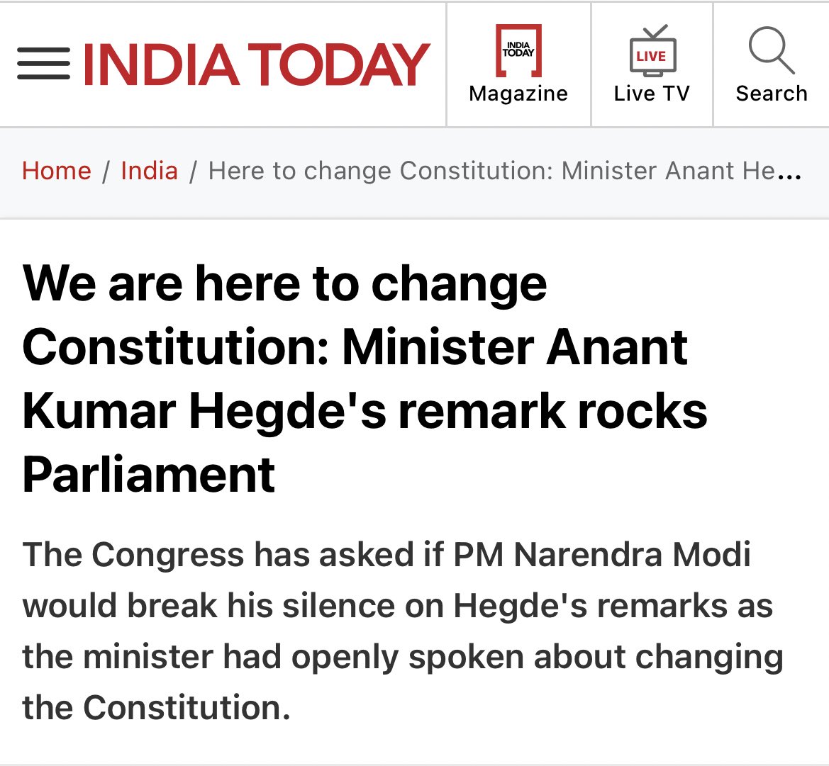 Prksh_Ambedkar's tweet photo. His words do not come as a surprise to me. And, allow me to remind you to that this is not the first time that he has much such a statement in public; he said the same in 2017.

This is the pledge that RSS took after the Constitution was adopted in 1950. 

RSS and BJP have a long-drawn plan to wipe out the Indian Constitution and replace it with Manu Smriti. They want to dictate terms and take away the freedom, dignity and right to freedom of religion and change the secular fabric of our beloved nation.

I reiterate what Babasaheb had said —
“It may your interest to be our masters but how can it be ours to be your slaves?”