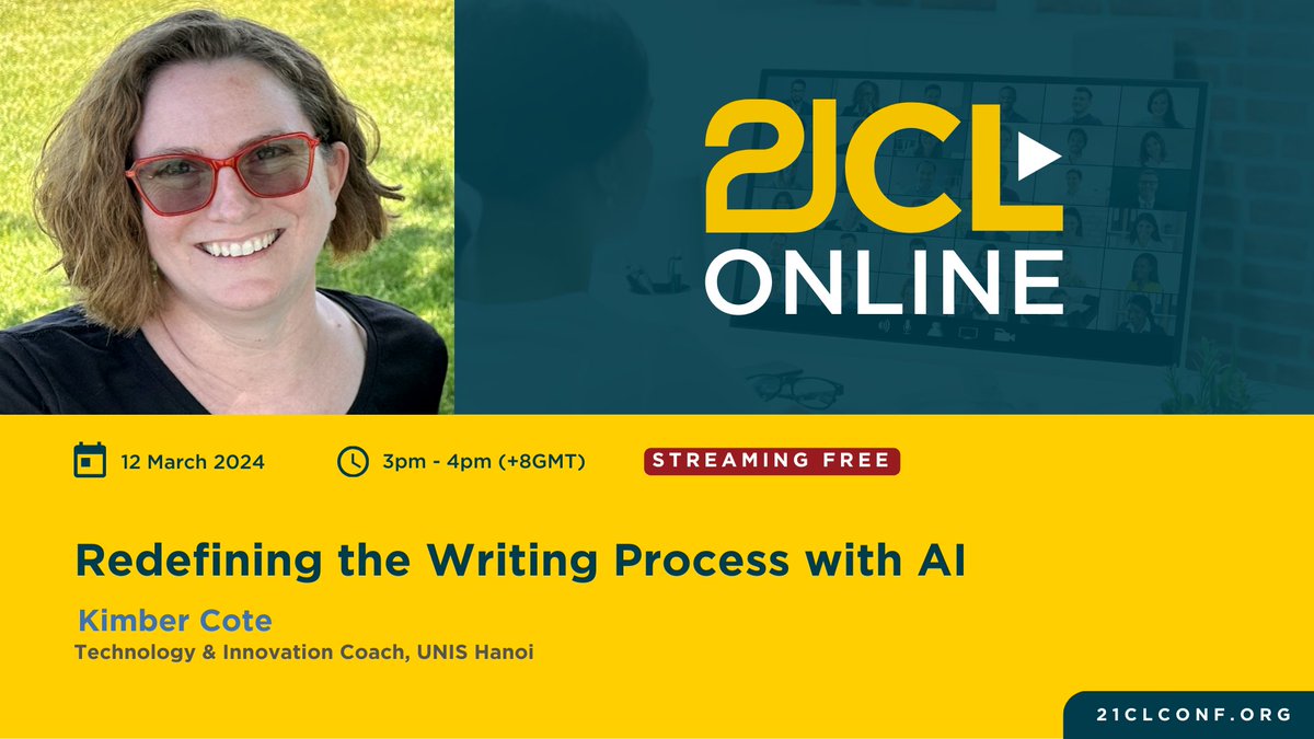 21cli's tweet image. Join us Tuesday at 3pm to learn from Kimber Cote different ways how AI can support the writing process. Walk away with classroom routines to use with students to build their AI literacy. Don't miss out: zurl.co/ChyT  #21clonline #aiineducation #edtechtools #ailiteracy