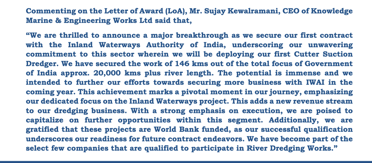 KnowledgeMarin1's tweet photo. Knowledge Marine &amp; Engineering Works Ltd wins Rs. 98.06 Cr contract for 2 years from IWAI to maintain 146 km stretch of National Waterway – 1 (River Ganga). We feel proud and excited to enter this market. 🚢
#KMEW
#KnowledgeMarine https://t.co/EcBEKAW8rG