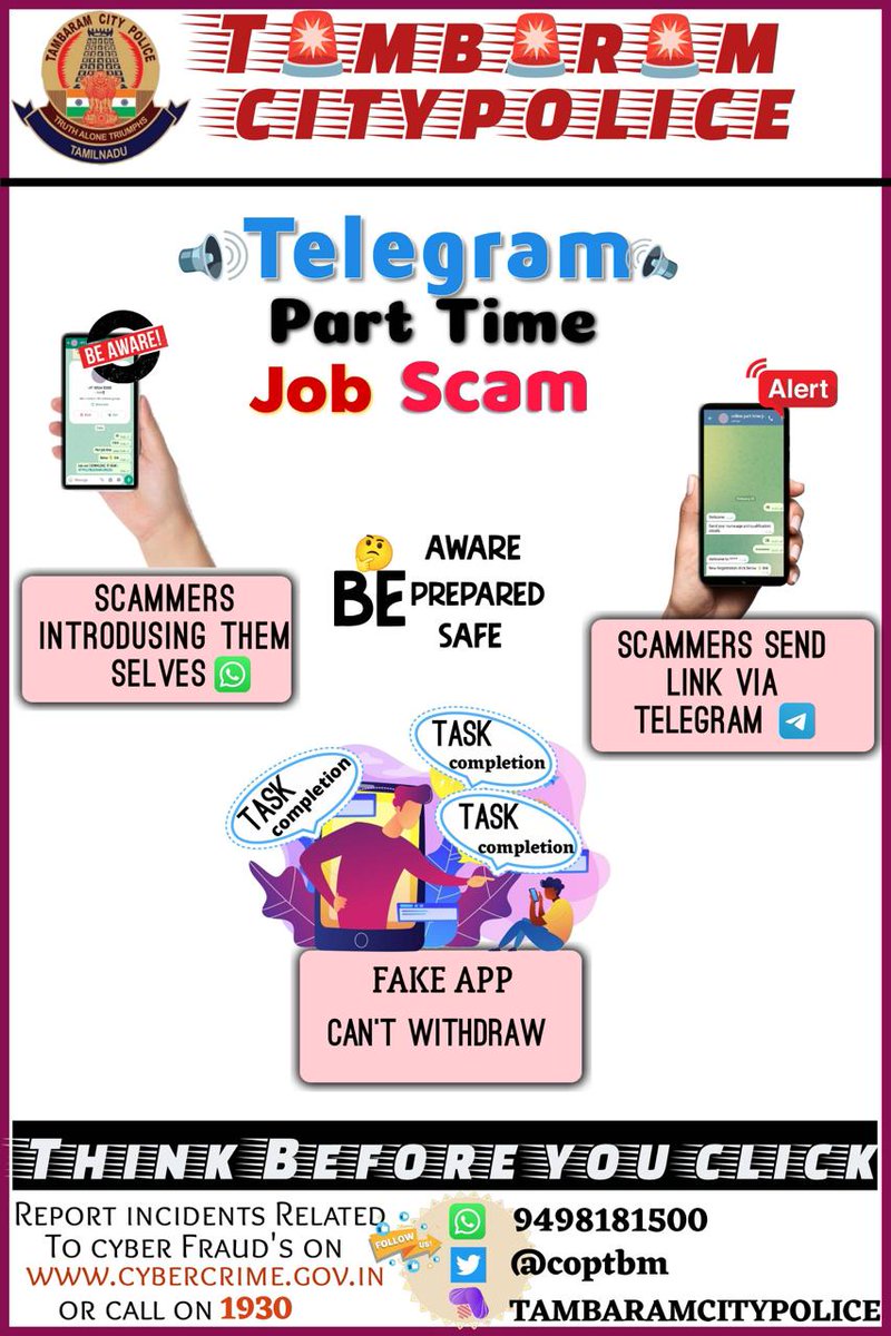 ‼️Let us be aware‼️ 🚨=Telegram Part time job Scam=🚫 🚔Report incidents related to cyber frauds on 📡cybercrime.gov.in 1930☎️ @ChennaiTraffic @chennaipolice_ @tnpdial100 @SP_chengalpattu @KanchiUpdates @avadipolice