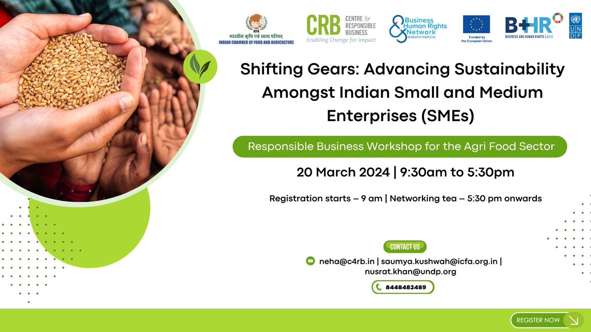 @Centre4RespBiz partnership with @UNDP_India , @ICFAgri and with support from the @EU_in_India is happy to announce the upcoming Sustainability Workshop for Agri-Food SMEs. To register please follow the link: docs.google.com/forms/d/e/1FAI… @UNDP_India @BizHRAsia_UNDP