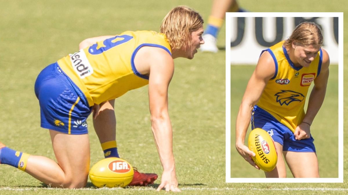 SEE THE PICS: Harley Reid was left feeling the pain at Eagles training after suffering a low blow with a football to the groin, just days before his AFL debut. 
bit.ly/3IuZGF1