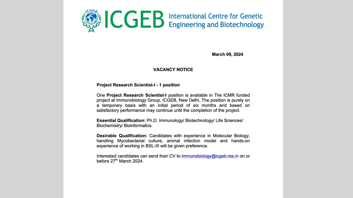 Vacancy Alert.....!!!
Research Scientist Position at ICGEB New Delhi