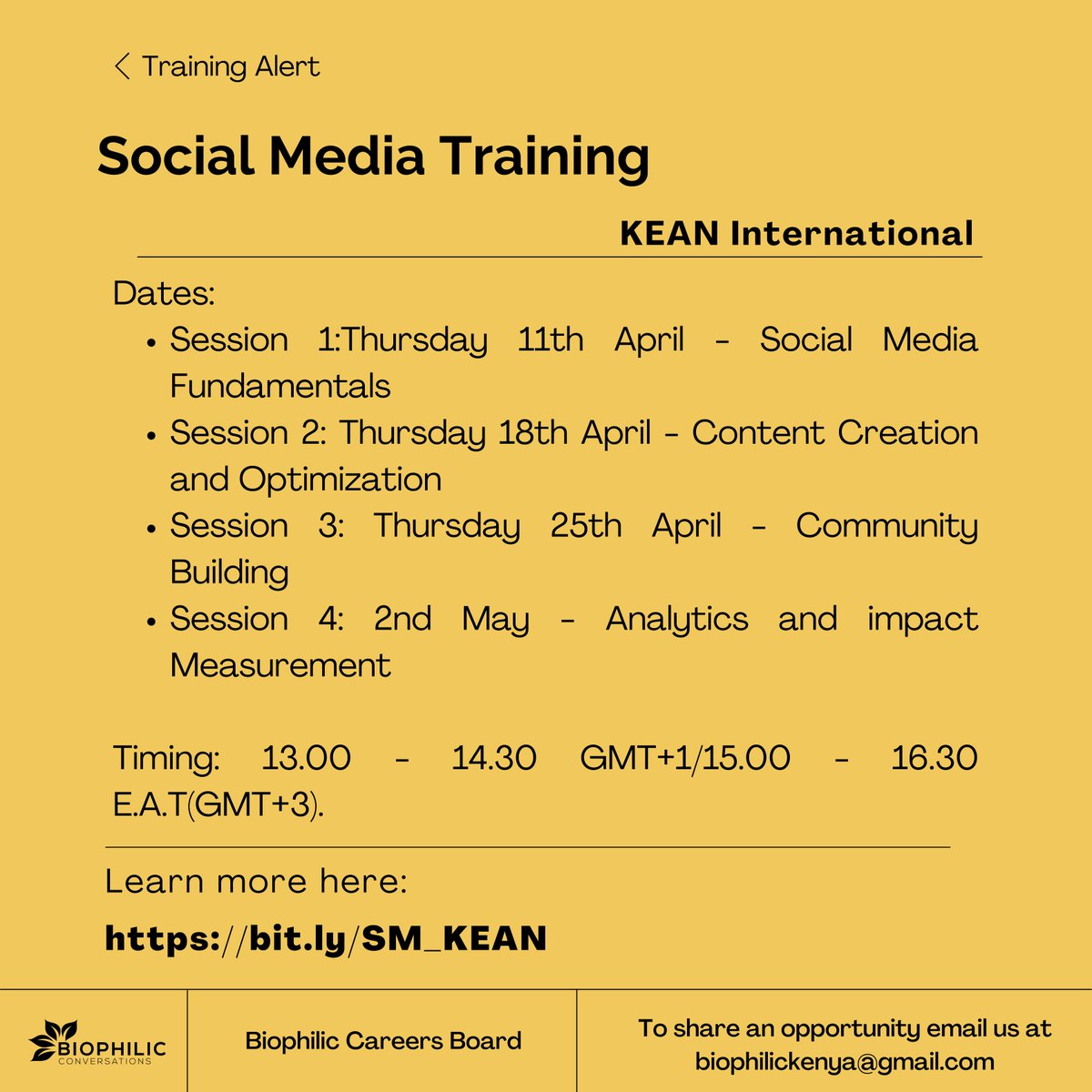 Free Online Social Media Training <a href="/kean_Intl/">KEAN International 🇰🇪🌍🌱🕊</a> 

Fill out the registration form here and commit to completing all four training sessions here bit.ly/SM_KEAN

#BiophilicCareersBoard