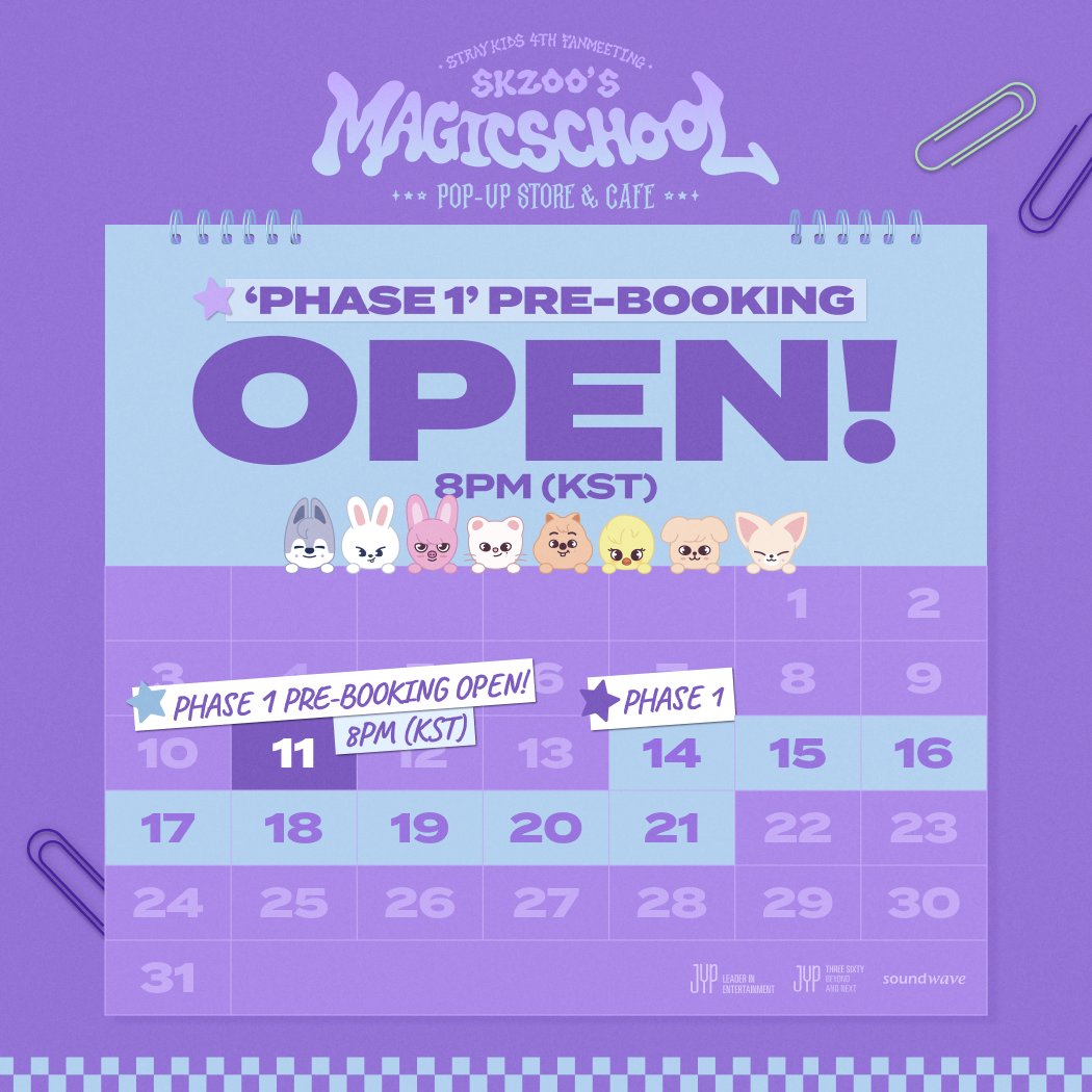 SKZOO_POPUP's tweet photo. Stray Kids x SKZOO
POP-UP & CAFE
'𝑺𝑲𝒁𝑶𝑶'𝑺 𝑴𝑨𝑮𝑰𝑪 𝑺𝑪𝑯𝑶𝑶𝑳'

오늘(3/11) 저녁 8시, 1차 사전 예약 오픈!
Tonight(3/11) 8PM (KST), Phase1 Pre-booking Open!

▶ POP-UP│https://t.co/KkeWLYcjyf
▶ CAFE│https://t.co/d6WYX7F7nd

* 2차 사전 예약은 3/18 오픈 예정입니다
* Phase2 Pre-booking is scheduled for 3/18

#StrayKids #스트레이키즈
#SKZOO #스키주
#SKZOOPOPUP #SKZOOCAFE
#SKZOOS_MAGIC_SCHOOL
#YouMakeStrayKidsStay