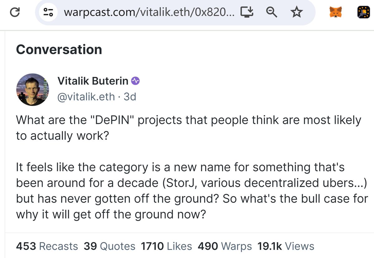 XBTC2008's tweet photo. #Web3每日要闻

2024年3月8日，Vitalik 在 Warpcast 发文表示：「#DePIN 项目中，人们认为最有可能成功的是哪些？这个类别似乎是对一个已经存在了十年的事物（#StorJ、各种去中心化的 Uber 等）的新命名，但从未起步？那么，为什么它现在会起步呢？」

这个质疑很有意义，因为每个看好DePIN的人都需要提出一个疑问：区块链是否是DePIN的必要条件？

这就如同，那些关注AI+区块链的人都需要思考，两者真的可以结合吗？目前看到的最自然的结合方式就是zkML （$WLD也使用了zkML），至于借助AI来分析链上数据，显然不算结合。

遗憾的是，无论在#Warpcast还是在X上，@VitalikButerin 提出的极好的问题，并未引起丝毫重视，回复也都是“所答非所问”。

当去中心化的、大规模的、无信任关系的节点贡献出自己拥有的算力、带宽、动态IP地址等资源时，必须依赖区块链，还是只要简单引入区块链无关的“积分激励机制”就已经足够？

这是一个最核心的问题，但无论是#Helium、#RNDR、#StorJ还是近期大火的#io.net，都对此一语带过或避而不谈...这个现象值得深思和警惕。

说起DePIN，我直观的、第一时间想起了多年前的“网格计算”：

网格计算（英语：Grid computing）透过利用大量异构计算机（通常为台式机）的未用资源（CPU周期和磁盘存储），将其作为嵌入在分布式电信基础设施中的一个虚拟的计算机集群，为解决大规模的计算问题提供一个模型。网格计算的焦点放在支持跨管理域计算的能力，这使它与传统的计算机集群或传统的分布式计算相区别。（来自Wiki）

我的理解是：Grid Computing = DePIN - Blockchain

网格计算失败了，是否是因为那个年代没有区块链？这看似简单，实际上需要认真思考。将两者放在一起Google，居然无人问津过。

其实想找到答案也不难，将流行的DePIN项目，逐个深究一遍，看看区块链究竟发挥了什么作用？是提升了效率？还是必不可少？