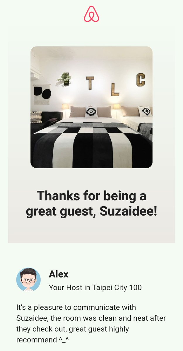 suzaidee's tweet photo. @Airbnb It feels good to get good review from an AirBNB host ☺. 
#airbnb #taipei #taiwan #Travel https://t.co/8QGVKM5VER