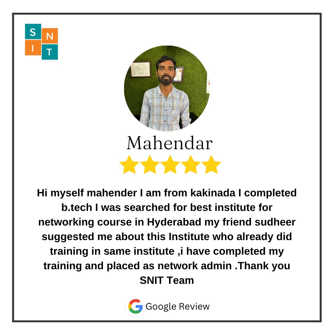 Congratulations Mahendar, on your course completion!
Thank you for given your Valuable Feedback. All the Best for your Future.
Feel free to Call us
Contact : 9640005999

#IT #itnetworkingtraining #ittechnology #course #snittraininginstitute