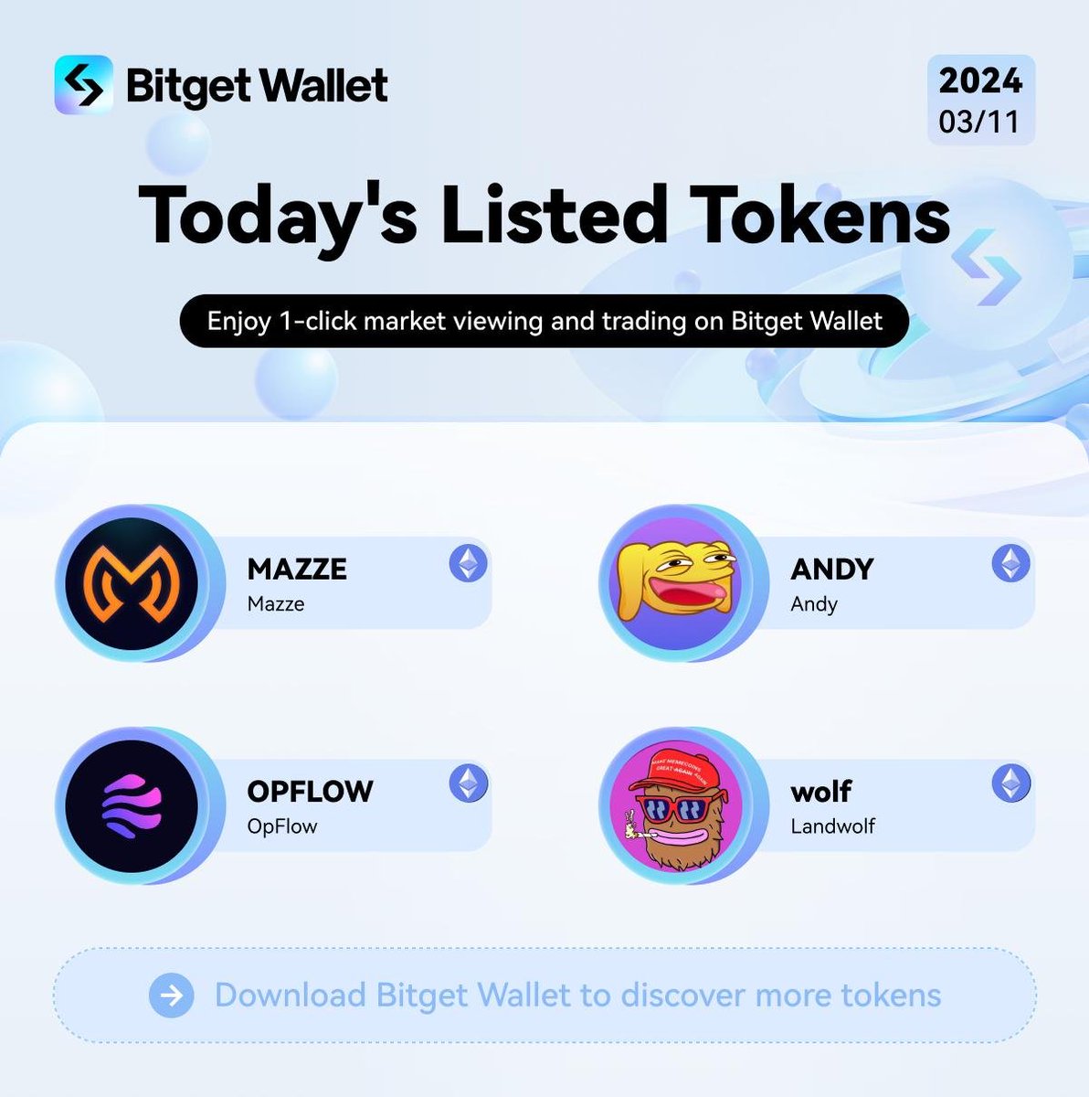 BitgetWallet's tweet image. Our eyes are all zooming in on #memecoins this week 👀

Also, don’t forget to check out the latest listed tokens:
$MAZZE $ANDY $OPFLOW $wolf
@MazzeLabs @andycoinonerc @theopflow @LandWolfErc20

#MemeCoinSeason #Trending #Ethereum #Solana #BitgetWallet #AI