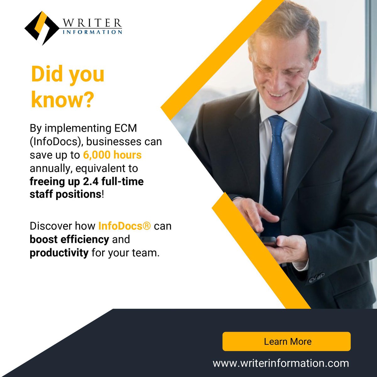 WI_Tweets's tweet image. Unlock your team's potential with InfoDocs® ECM. Save up to 6,000 hours annually, equivalent to 2.4 freeing up full-time staff positions. Boost efficiency and productivity now.

Know more: writerinformation.com/document-manag…

#infodocs #documentmanagement #documentsolutions #documentscanning