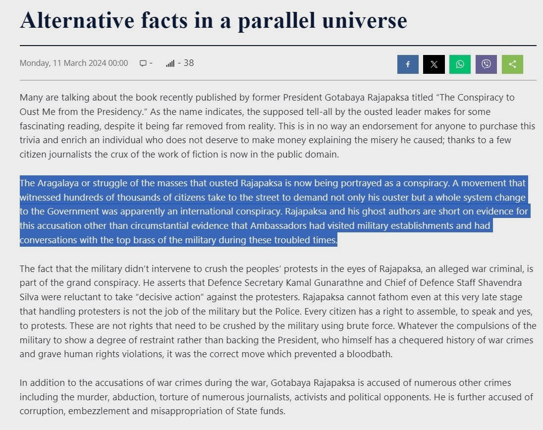 At least one #lka editor has courage to speak truth to power: Saluting @nisthar_cassim of @FT_SriLanka on  forthright editorial on #Gota's #ConspiracyFiction book.
As memories of 2022 events fade, let's beware of #RevisionistHistory & #AlternativeFacts!
ft.lk/ft_view__edito…