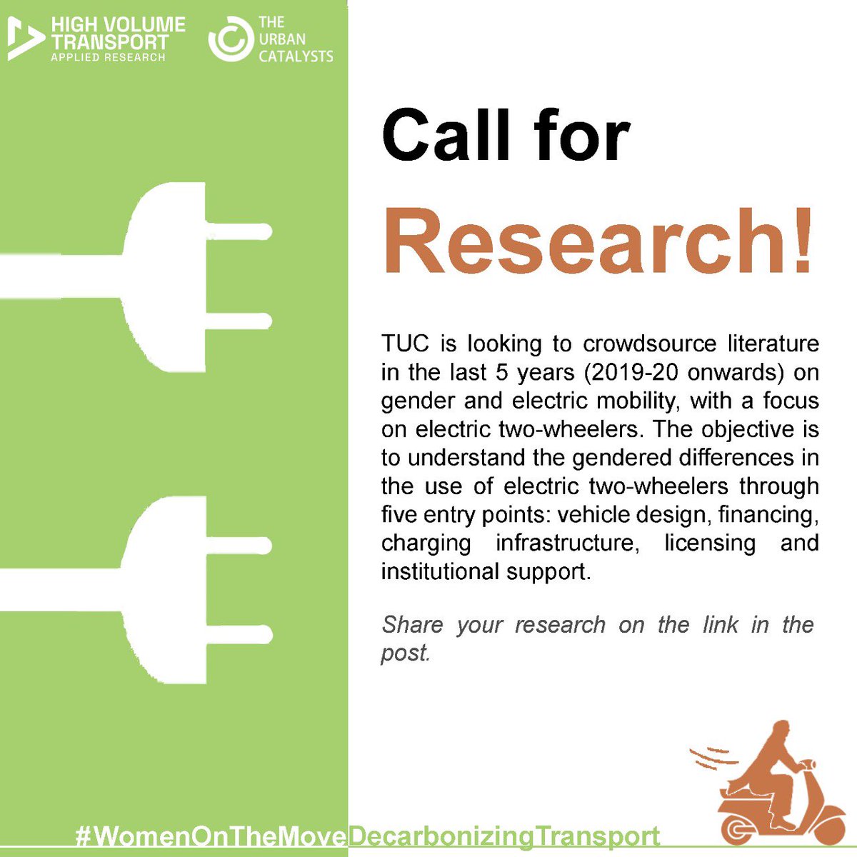 The Urban Catalysts (@urban_catalysts) on Twitter photo We are spearheading a #gender and #electric two-wheeler project in #India with support from <a href="/Transport_Links/">High Volume Transport Applied Research</a>. Seeking crowd-sourced research (2019-20 onwards) on #gender and #electric #twowheelers.
Share your work here: lnkd.in/gRJ4bCy3 We are spearheading a #gender and #electric two-wheeler project in #India with support from <a href="/Transport_Links/">High Volume Transport Applied Research</a>. Seeking crowd-sourced research (2019-20 onwards) on #gender and #electric #twowheelers.
Share your work here: lnkd.in/gRJ4bCy3