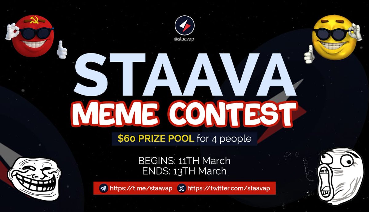 staavap's tweet photo. 📢Announcing, STAAVA Meme Contest 📢

Get ready to show off your creativity in the #Staava meme contest.

Deadline: 48 hrs from now
Prize Pool: $60 USDT for 4 most creative entries 

To Participate: 👇 https://t.co/28wIweSTqm