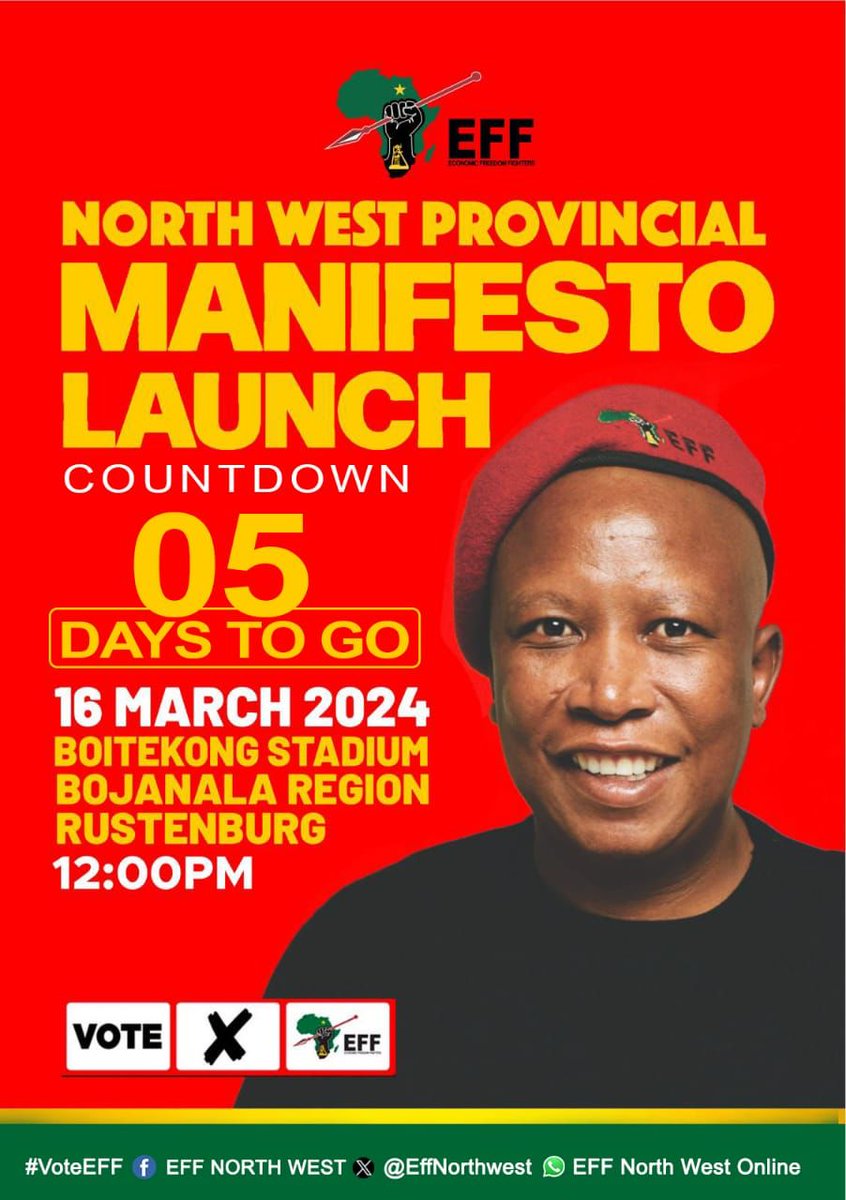 KaundaEff's tweet photo. It's approximately 5 days to go to the Provincial People's Manifesto Launch in Boitekong in North West Province https://t.co/9OdmxzOtfg