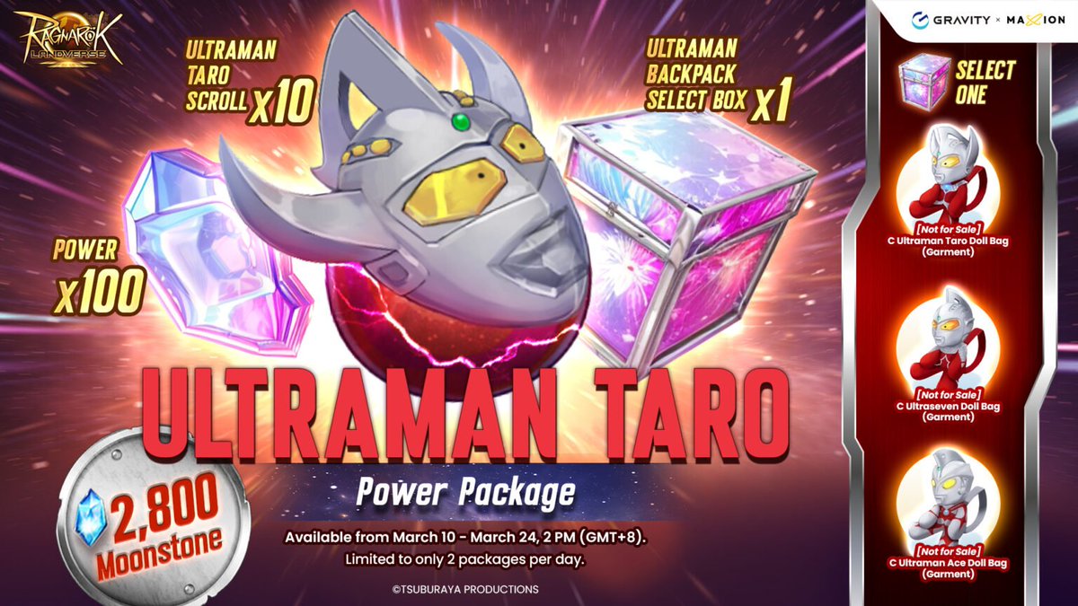 Taro Power Package: Adorable Ultraman Costumes from the Ultraman Event.

💎only 2,800 Moonstones 

🎁includes 
📜Ultraman Taro Scroll 
💥Power and Ultraman backpack

🔗Click:news.landverse.maxion.gg/2024/03/11/rag…

#RagnarokOnline #Web3Gaming #PCMMORPG #UltramanCollab #LimitedTimeEven