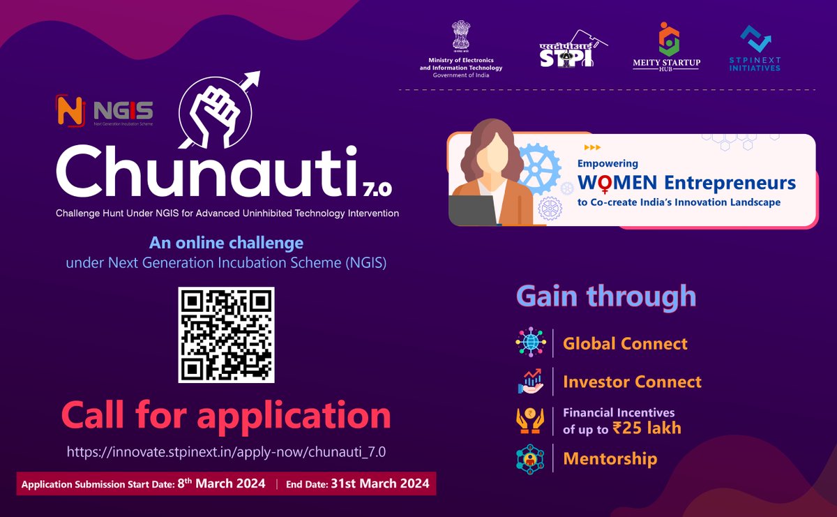 STPI has launched CHUNAUTI 7.0, under #NGIS, to acknowledge and celebrate the impressive technical skills of #women-led #startups leading the charge in innovative technology solutions. Apply Now: innovate.stpinext.in/apply-now/chun… Last Date: 31.03.2024