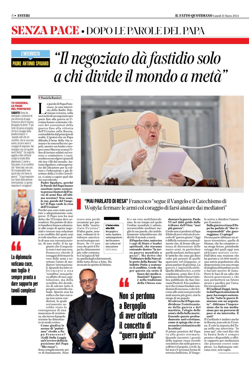 Il #Papa, l’#Ucraina 🇺🇦 , la “bandiera bianca”, il negoziato che non è mai resa. Ne parlo in una intervista sul Fatto Quotidiano oggi in edicola.