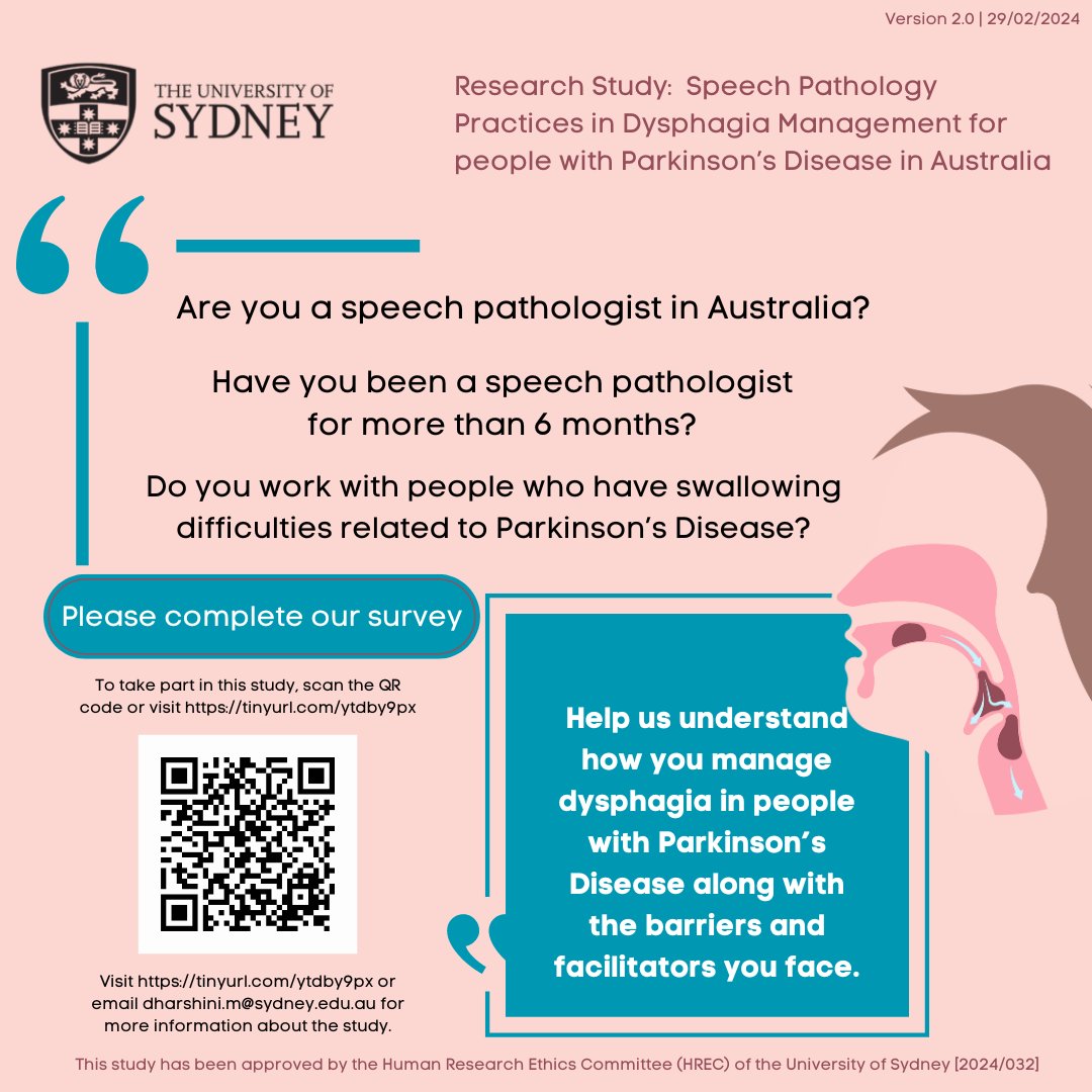 Are you an aussie #SLP who manages dysphagia in people with #Parkinson’s Disease? Please contribute to this USYD #SLPHD survey on speech pathology practices in #dysphagia management for people with Parkinson’s Disease. @KatrinaBlyth1 @EmmaWallacePhD
