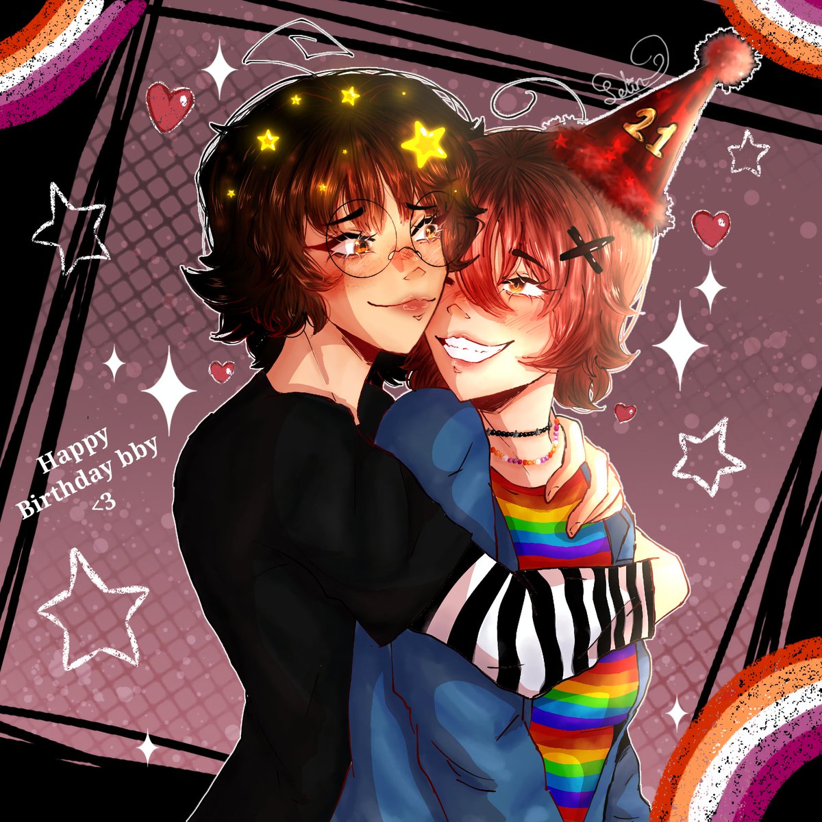 MimosaStar's tweet photo. my GF's birthdae!!11! >:]] 💕 

#art #artwork #birthday #birthdayart #gift #fanart #wlw #lesbian https://t.co/cs1uHjbD60