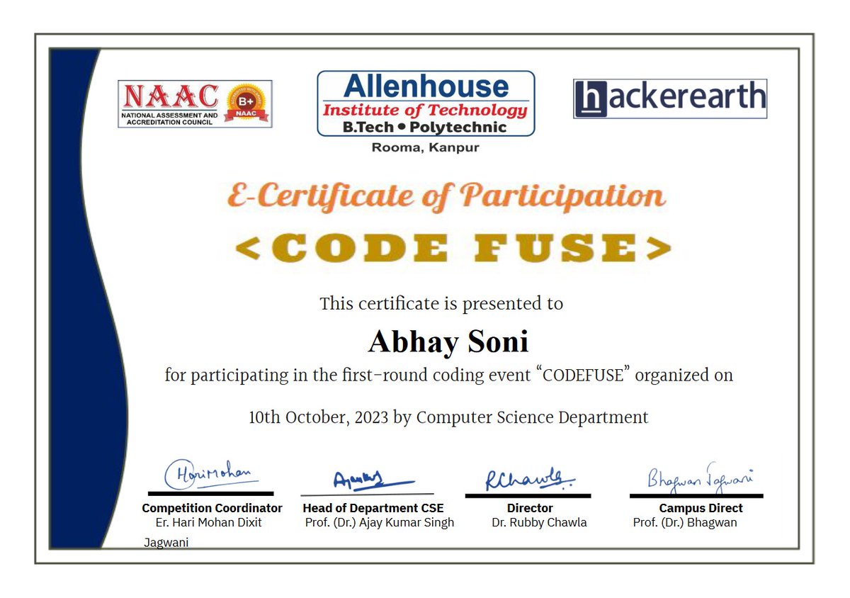 Abhay_soni_007's tweet image. "I am honored to showcase my participation in CodeFuse, a dynamic coding event by HackerEarth! 💻✨Dive into the world of algorithms and logic, and let your code craft your story! #CodeFuse #CodingEvent #HackerEarth #CodeMasterpiece"