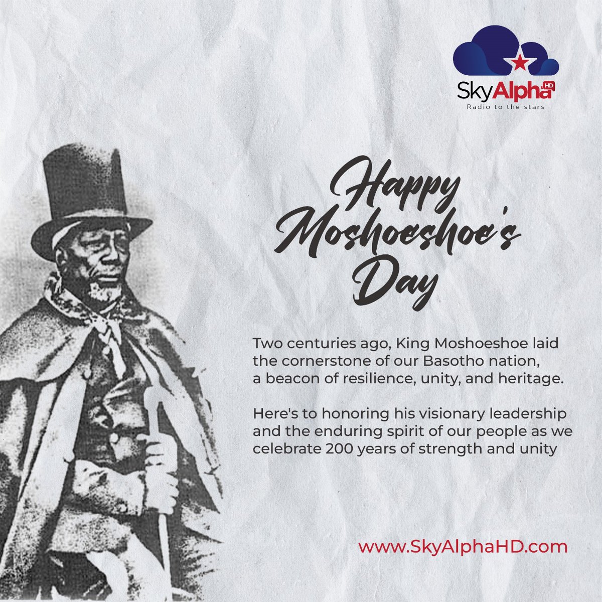 Happy Moshoeshoe's Day to all our loyal listeners, advertisers and supporters. 

#Lesotho200
#MoshoeshoeDay
#SkyAlphaHD
