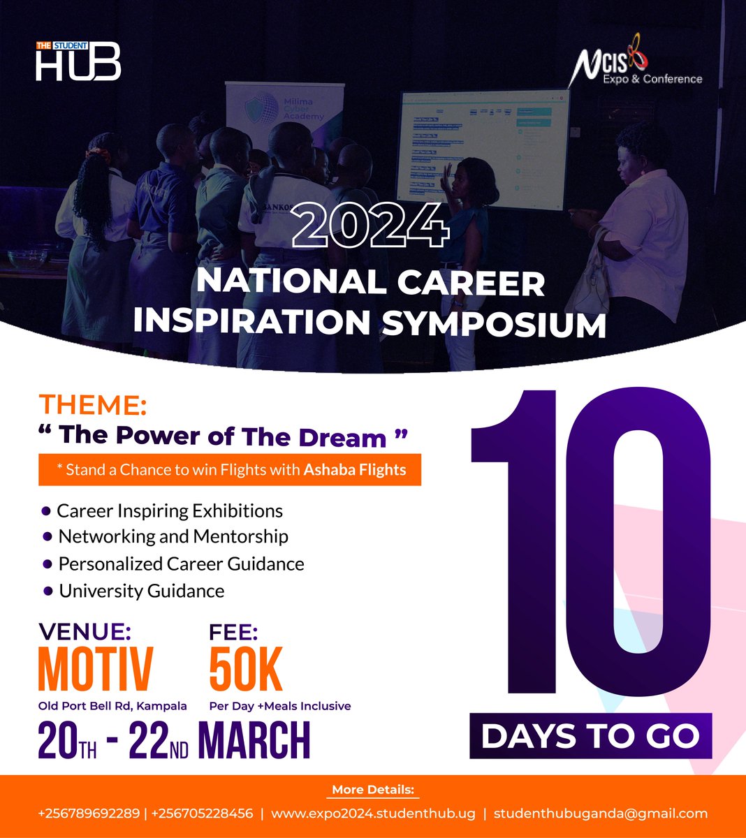 Attention Vacists

The National Career Inspiration Symposium is BACK in 10 DAYS!

Meet industry leaders, get inspired &amp; unlock your potential!  Don't miss out! #NCIS2024 #CareerGoals #SDG4 #expo2024 <a href="/Wal_eVisual/">Wal-e Visual</a> <a href="/ugaviationsch/">Uganda Aviation Academy</a> 

Register at expo2024.studenthub.ug