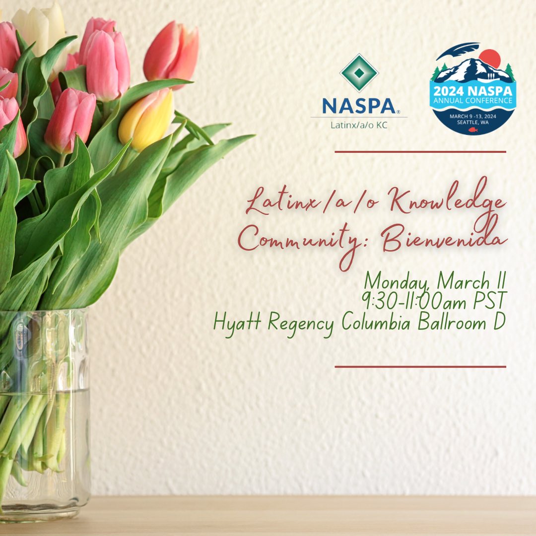 tweetinglavoz's tweet photo. Join the Latinx/a/o Knowledge Community at our annual Bienvenida. Come meet other Latinx/a/o Student Affairs professionals, undergraduate and graduate students as we kick-off this year’s conference experience. 

We’ll see you in the morning! ⛅️
#NASPA24 #naspaLKC #Bienvenida https://t.co/TkYyWdp7nZ