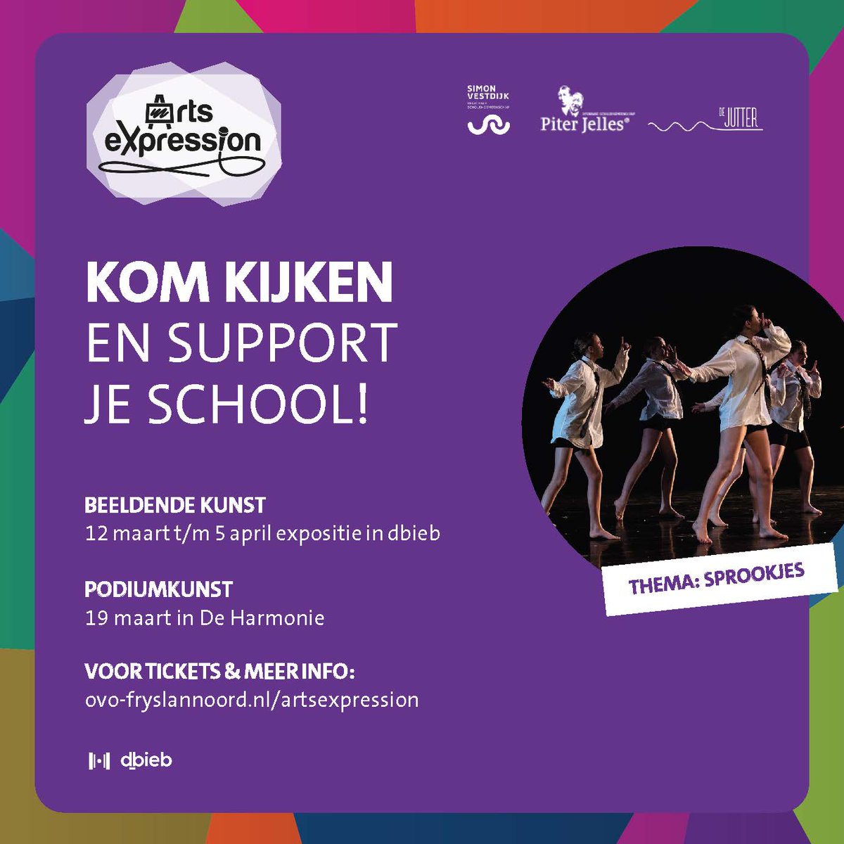 Ontdek de kunstenaars van morgen tijdens Arts eXpression! Ben je klaar om betoverd te worden door de creatieve talenten van OSG Piter Jelles, RSG Simon Vestdijk en De Jutter? Op 19 maart 19.30 uur schitteren onze leerlingen in De Harmonie en van 12 maart tot 5 april in de dbieb!