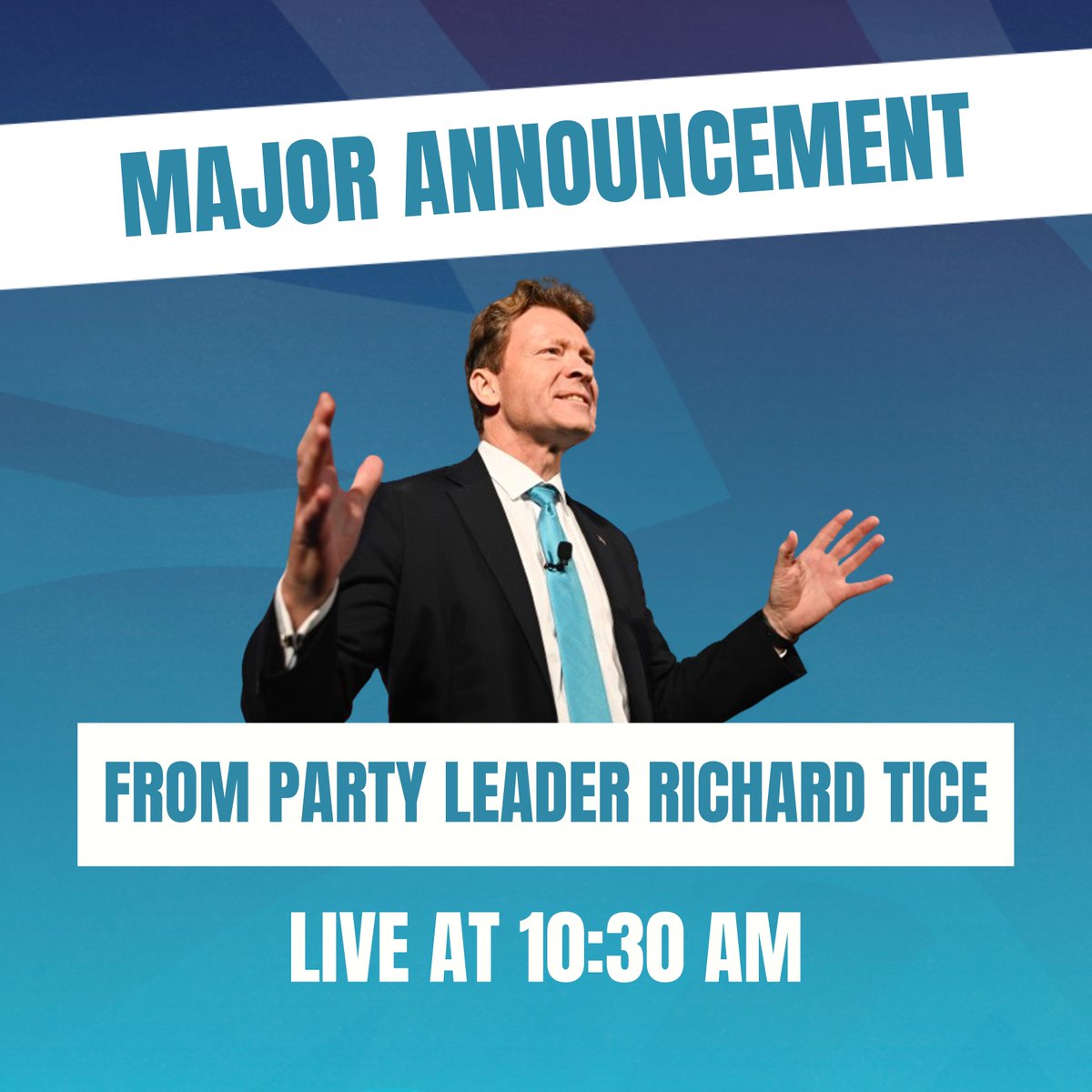 reformparty_uk's tweet photo. 🚨MAJOR ANNOUNCEMENT from Party Leader Richard Tice at 10:30am.

📺Tune in live on X, YouTube and Facebook. https://t.co/JAcZ5jTU1X