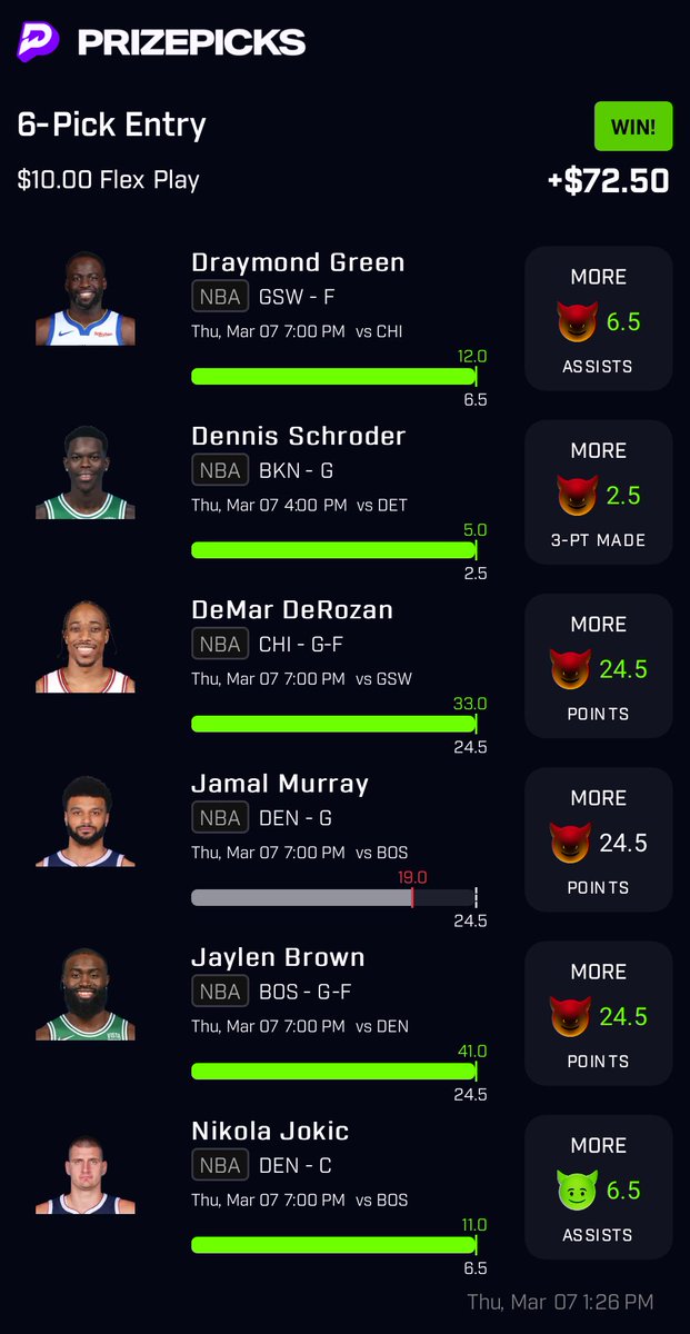 supermaor23's tweet photo. @AlexMonahan100 Heres one from last week. Murray had 19 with 10 minutes left in the 4th Q. Was a $10 6 pick to pay out $690. https://t.co/7toipZGXJQ