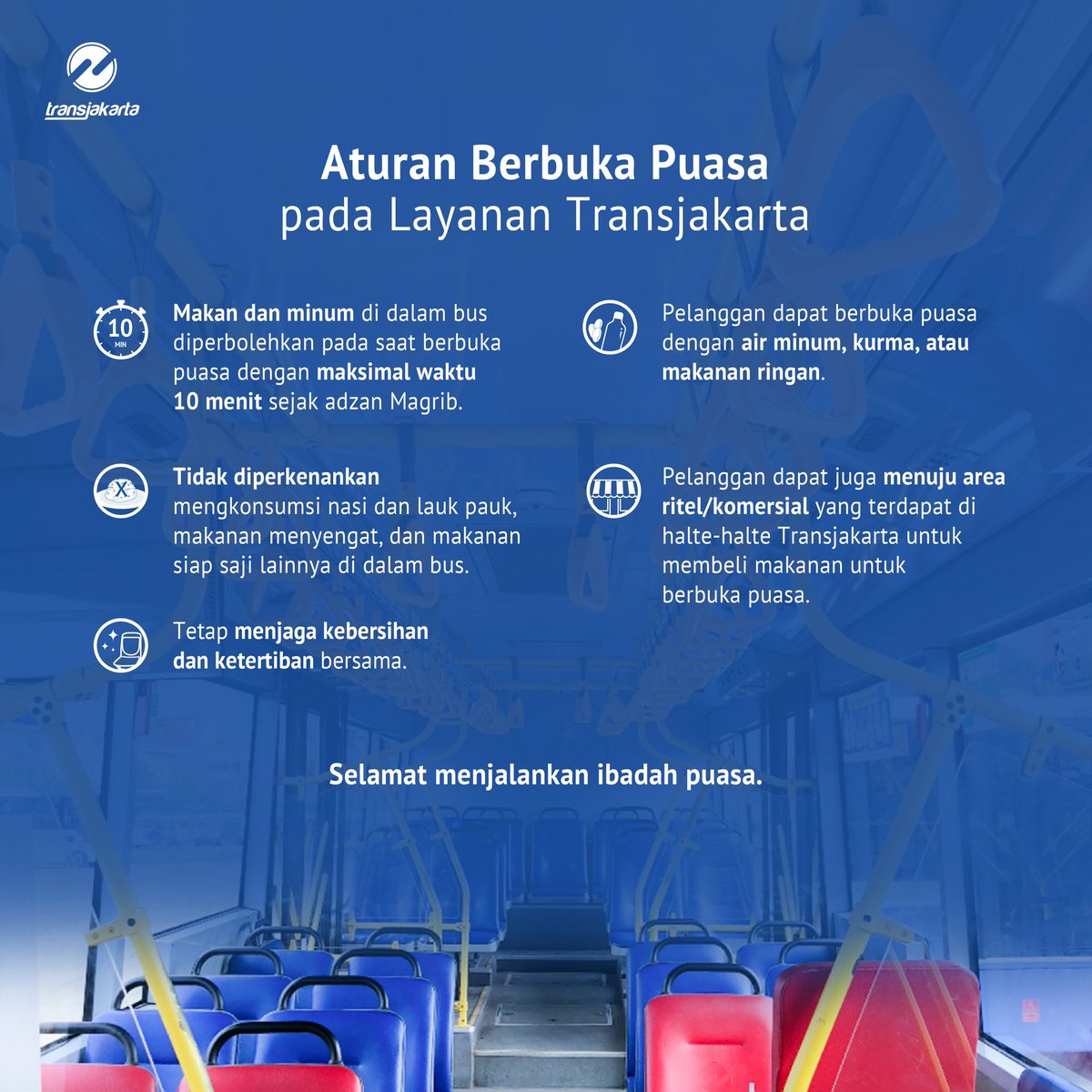 Sahabat TiJe, bedug masih di dalam bus? Tetep bisa kok batalin puasa. Yuk simak aturannya di slide kedua!

Selain itu, sahabat TiJe juga bisa jajan di area ritel/ komersial atau beribadah dulu di musala yang ada di beberapa halte Transjakarta.