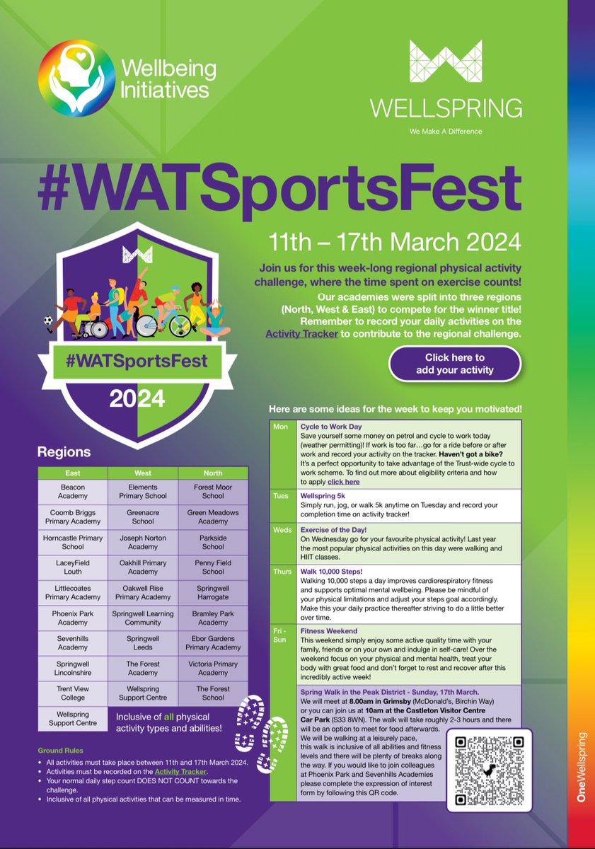 #WATSportsFest starts today 🙌🏼 remember the longer you take the better so join in the fun whatever your abilities. Every minute helps ⏰ It's also not too late to join the Spring Walk in Peaks, just follow QR code on the poster or contact @ashley2182 #wellbeing @WellspringAT